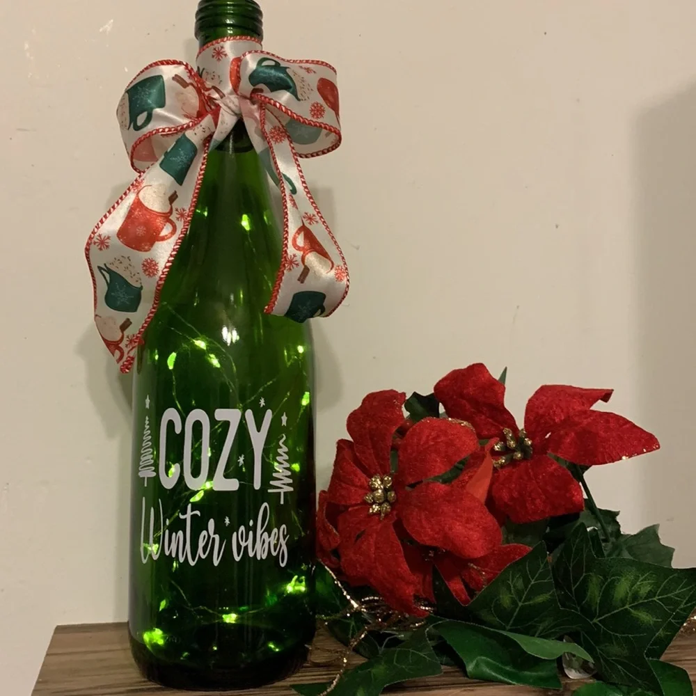 Hand Crafted- ‘Cozy Winter Vibes’ green wine bottle lantern